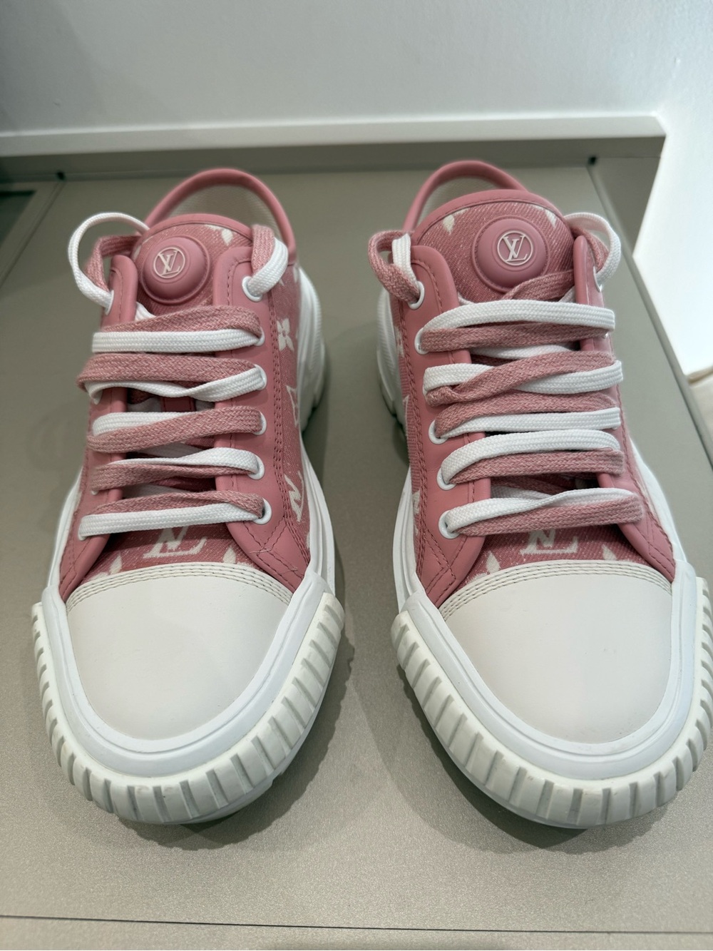 Louis Vuitton Pink and White Frontrow Low-Top Sneakers